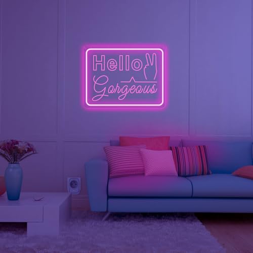 Image of Hello Gorgeous Neon Sign Wall Decor Pink LED Neon Lights for Girls Christmas Memorial Day Birthday Wedding Party Home Lover Room Bathroom Decorations Gifts