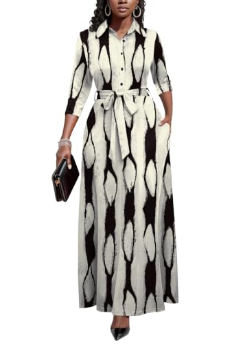 Image of Rumwind Maxi Dresses for Women, 3 /4 Sleeve Shirt Collar Casual Afircan Print Church Dress Button Down with Belt and Pockets