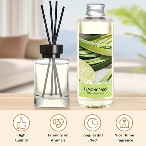 Image of STRN Reed Diffuser Essential Oil Refill, Lemongrass Scent 200ml with Sticks, Long-Lasting Aromatherapy, Summer Fragrance Liquid with Eco-Friendly Bottle for Home, Bedroom, Spa