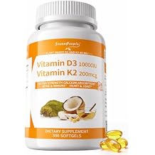 GREENPEOPLE K2 D3 Vitamin Supplement, Vitamin D-3 & K-2 MK-7, 10,000 IU/200 mcg, with Virgin Non-GMO Coconut MCT Oil | 300 Vegan Softgels | Bone Health, Immune Support