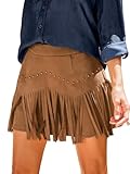 CUPSHE Skirts Women's Suede Fringe Cowgirl Country Concert Outfit Terra Cotta High Waist Fringe Mini Skirt Western Brown XL