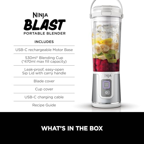 Image of Ninja Blast Portable Cordless Blender (BC151WH) 530ml | USB-C Rechargeable | Crushes Ice & Frozen Fruit | BPA Free, Leak-Proof Travel Lid Stainless Steel Glossy White