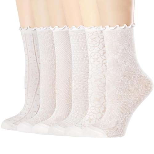 Mcool Mary Women's Ruffle Socks Mesh Casual Lace Cotton Crew Ultra Thin White Frilly Ankle Socks for Women 6 Pairs