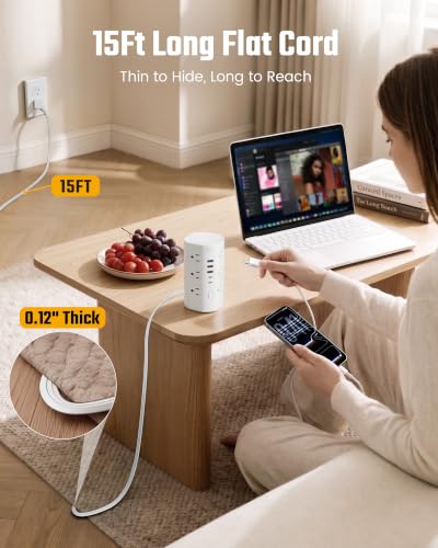 15Ft Extension Cord Power Strip Tower with Multiple Outlets, Flat Plug Power Tower 1700J Surge Protector, 12 AC Outlets 5 USB Ports (2 USB C), Desk USB Charging Station, Home Office Dorm Room, White — view 3