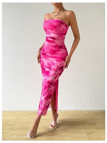 Image of GORGLITTER Women's Floral Strapless Bodycon Wedding Guest Dress Vacation Summer Birthday Tropical Maxi Long Sun Dresses Hot Pink Large