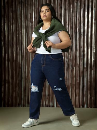Image of High Star Plus Size Women Cotton Washed Mom Fit High-Rise Jeans