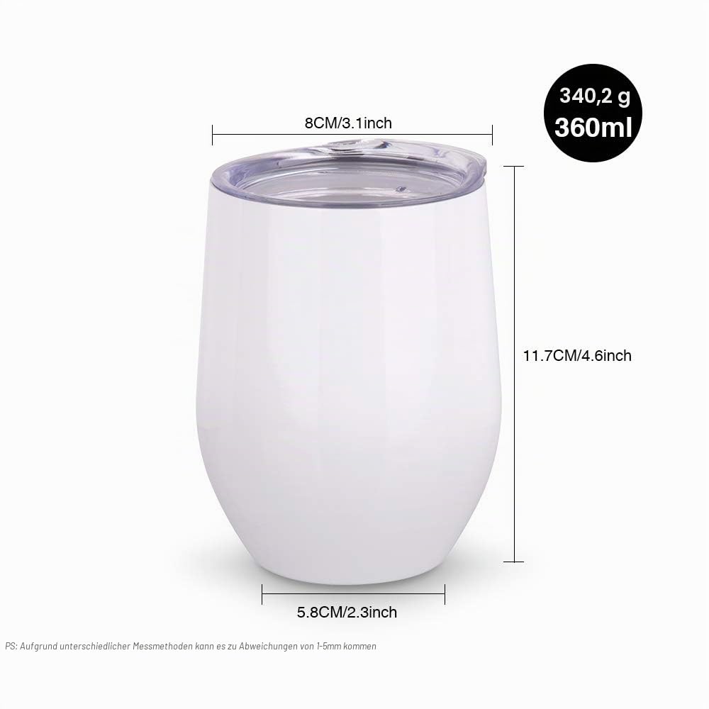 PYD Life Sublimationsrohlinge Weingläser, weiß, 340 ml, Edelstahl, isoliert, ohne Stiel, mit Deckel, 6 Stück