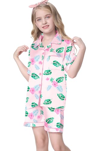 Image of Umeyda Women & Girls Pajamas Set, Soft Satin Lightweight Silk Button-Down Top with Shorts 2 Piece PJS for Mom Boys Kids Gifts