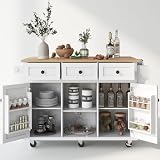 LUMISOL Rolling Kitchen Cart with Drop Leaf, Kitchen Island on Wheels with 3 Drawers and 2 Cabinets, Wood Portable Island with Cabinet Door Storage Racks, for Dinning Room Living Room, White