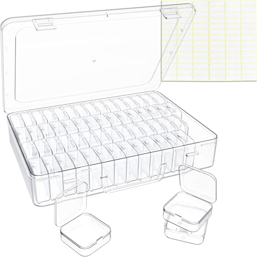 Bead Organizer Box 60 Pack Small Clear Storage Boxes with Labels Large Travel Craft Case with Handle Mini Plastic Containers for Jewelry Making Diamonds DIY Pony Bracelet Screws Seeds Small Parts