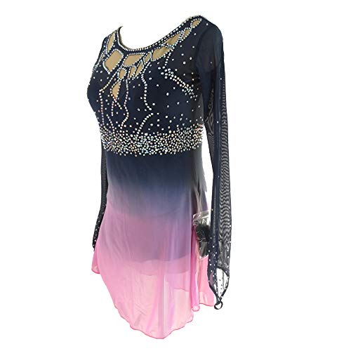 LIUHUO Black Ice Figure Skating Dress Manga Longa Gola Redonda Patinagem Saia, rosa, P