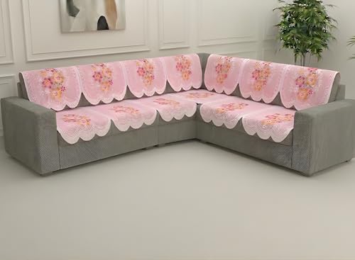 Image of Fab Nation Sofa Cover L Shape 7 Seater with Corner L Type Fully Covered Sofa Set for Living Room | Cotton Sofa Slipcovers for 4 + 3 Seaters Cover Set | Pink Flowers