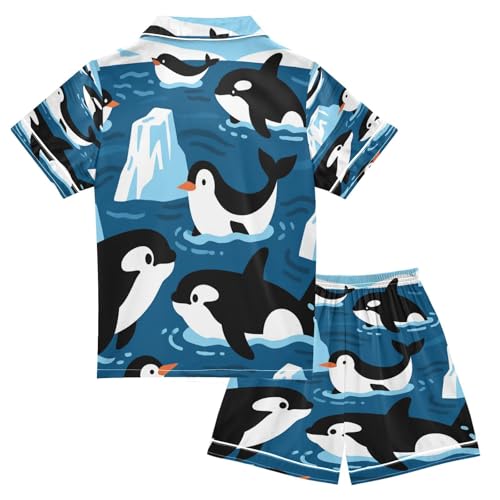 Satin Pajama Sets Short Sleeve Penguins in Water Button Down Silky Nightwear 2 Piece PJS 5-14Y2
