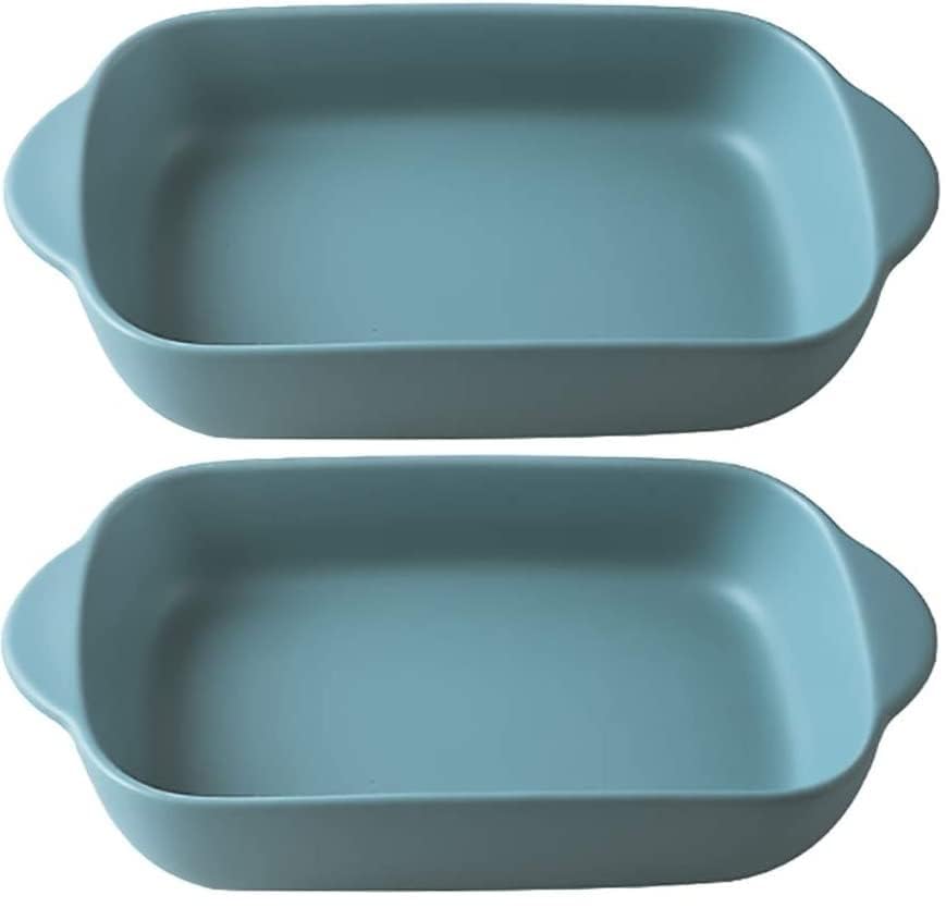 Image of Ceramic baking dish - Casserole Baking Dish with Handle, Baking Dishes for Oven, 7'' x 5'' Individual Baking Pan, Color Painted Porcelain Bakeware Set| Pack-2 (Blue Plain)