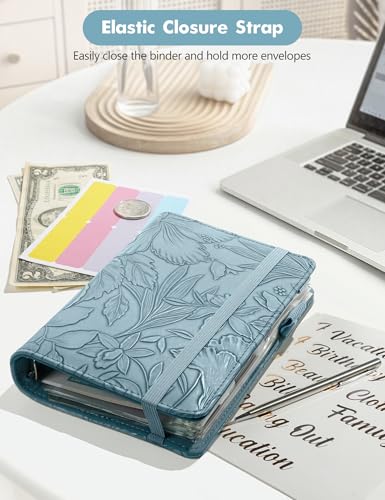 Image of A6 Budget Binder for Money Saving, Budget Planner, Money Organizer for Cash | with 8 Cash Envelopes, Budget Sheets & Rose Gold Category Stickers, PU Leather, Blue Embossed Floral