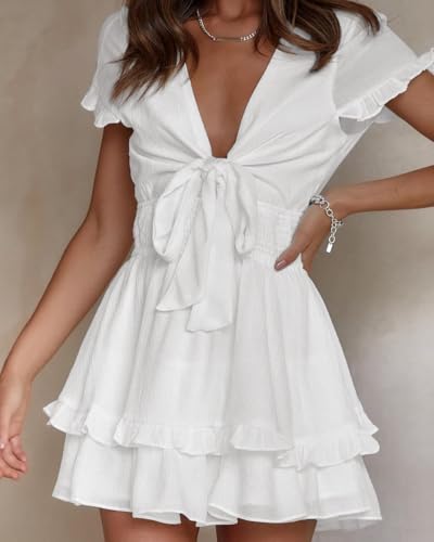 PRETTYGARDEN Women Summer Mini Short Dress 2025 Short Sleeve Casual Beach Vacation Sundress V Neck Tiered Sun Dresses