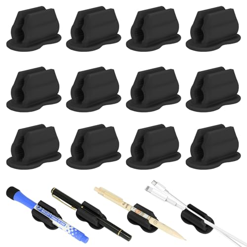 Biottro Adhesive Pen Pencil Holder for Desk Wall, 12PCS Marker Holder for Whiteboard Silicone Pen Holder for Clipboard Office Essentials Teacher Supplies (12PCS Black)