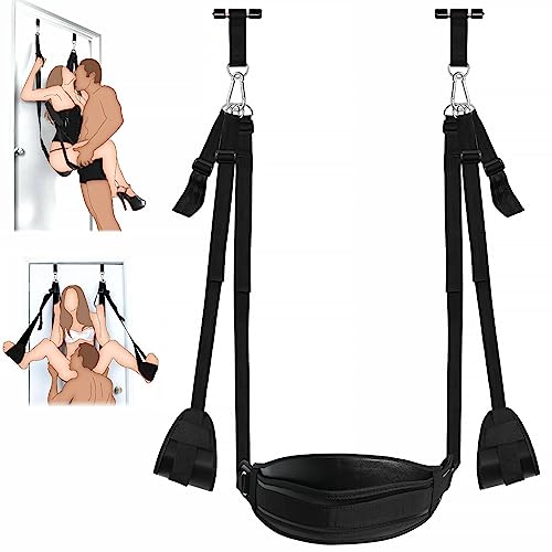 BDSM Door Sex Swings with Seat Bondage Slave Leather Soft Plush Sex Slings with Adjustable Straps Hanging Door Handcuffs Leg Restraints Spreader Kinky Adult Sex Toys for Couple Holds up to 300lbs