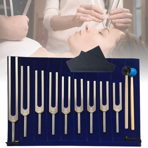 Tuning Forks for Healing Set, 9pcs Aluminum Alloy Chakra Healing Musical Tuning Fork (174/285/396/417/528/639/741/852/963Hz) with Reflex Hammer for Chakra, Healing, Sound Therapy, DNA Repair