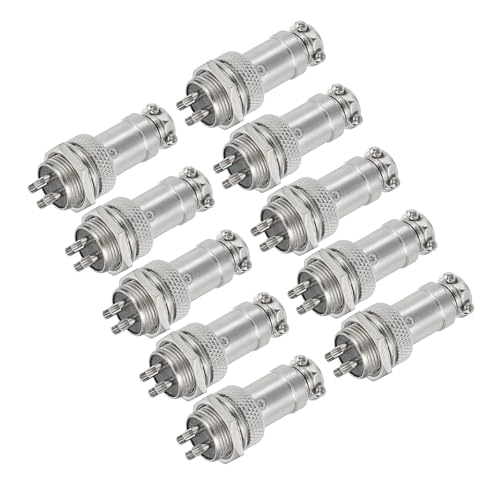 Image of sourcing map 10Pcs 4 Pin GX16 Aviation Connector 250V 15A 16mm Socket Metal Circular Plug Connector with Male Female Plug for Trailers, Drones, Industrial Equipment, Silver