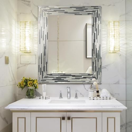 Head West 24"x30" Reeded Tiled Grey Mosaic Accent Vanity Mirror for Bathroom Wall, Printed Glass Rectangle Vanity Bathroom Mirror for Over Sink, Bedroom, & Living Room
