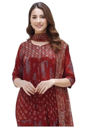 Ensemble Kurta Anarkali en viscose imprimée avec pantalon et dupatta pour femme