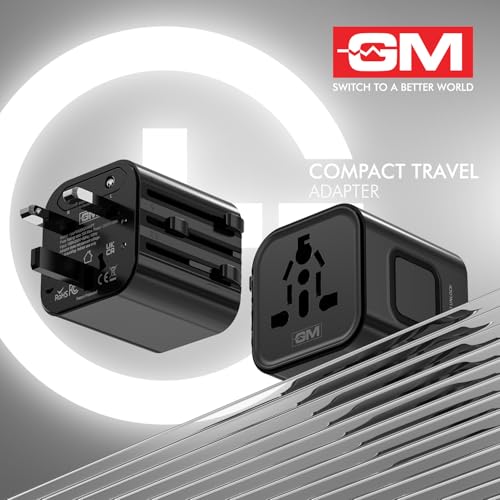 Image of GM G+ Compact Travel Adapter | Universal All-in-One Worldwide Plug (US /UK /EU /AU) | Multi-Device Charging | Smart Safety Protection | Foldable, Fire-Resistant Travel Charger for 150+ Countries - Black