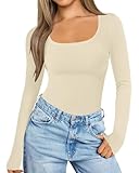 BINOVISOR Square Neck Long Sleeve Bodysuit for Women Slimming Fit Casual Ribbed Knit Body Suit Tops Shirts (Beige,Small)