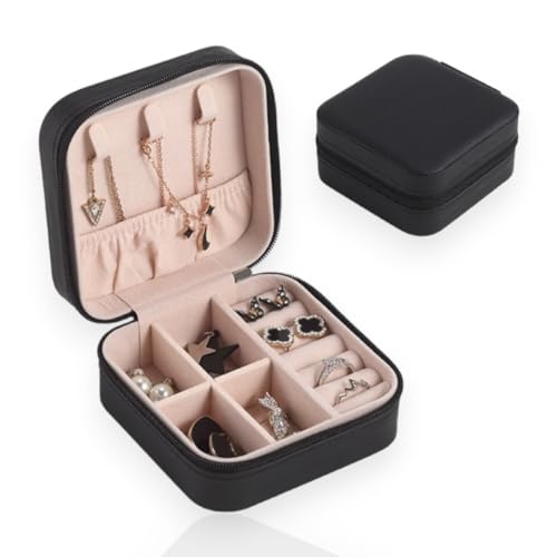 Porta Jóias Estojo Portátil em Couro com Zíper para Jóias, Maquiagem e Viagem (Preto)
