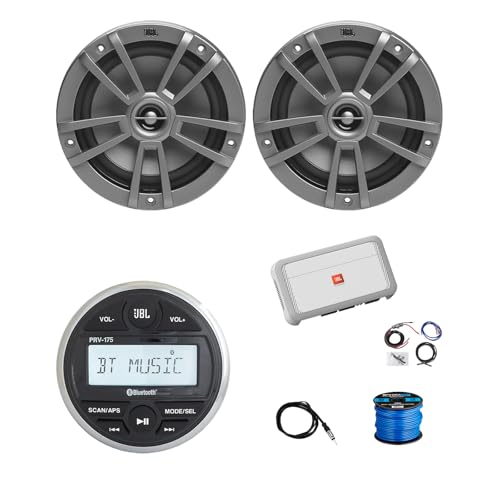 Marine Gauge Style Bluetooth AM/FM Receiver, 2X 6.5 180 Watt 2-Way Multi-Element Audio Speakers (Gray), Wire, Antenna, 4-Channel Amplifier w/Kit