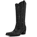 DANAZANA Rhinestone Cowboy Boots for Womens Wide Calf Sparkly Cowgirl Boots Ladies Glitter Bling Mid Calf Pointed Toe Block Heel Western Glitter Bling Sparkle Boot Half Zip Rhinestone Boot Black