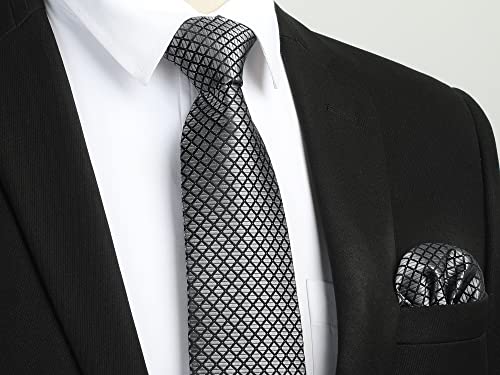 Image of Enlision Ties for Men Plaid Stripe Tie Handkerchief Woven Classic Formal Necktie Pocket Square Clip Set