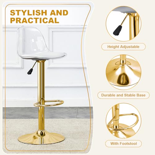 Juego de 4 Butacos Acrílicos con Respaldo Transparente, Altura Ajustable y Giro 360°, Asiento de Cuero PU, Patas de Metal Doradas, Estilo Moderno miniatura 5