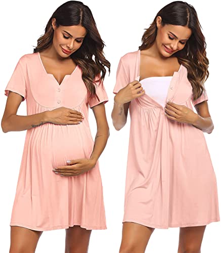 Ekouaer Womens, Labor/Delivery/Maternity/Nursing, Short Breastfeeding Nightgown Nightshirt for Hospital, Pink, Medium