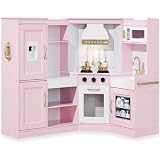 Best Choice Products Pretend Play Corner Kitchen, Ultimate Interactive Wooden Kids Playset w/Lights & Sounds, Ice Maker, Hood - Bevel Pink