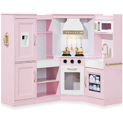 Best Choice Products Pretend Play Corner Kitchen Ultimate Interactive Wooden Kids Playset w/Lights & Sounds Ice Maker Hood - Bevel Pink