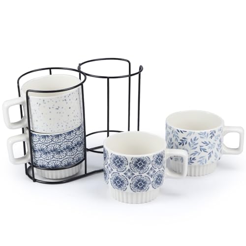 Lavezee BR230671 Stackable Coffee Mugs With Stand, 12 Oz Ceramic Drinking Mug Cup Gift Set Of 4 For Tea Milk Latte, Geomertic Patten Mug With Square Shaped Handle cover