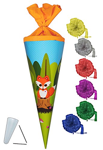 Preisvergleich Produktbild Unbekannt Schultüte - Fuchs mit Pilz - 70 cm - rund - incl. Schleife - Filzabschluß - Zuckertüte - mit / ohne Kunststoff Spitze - Glückspilz - Füchse / Waldtiere Eichhö..