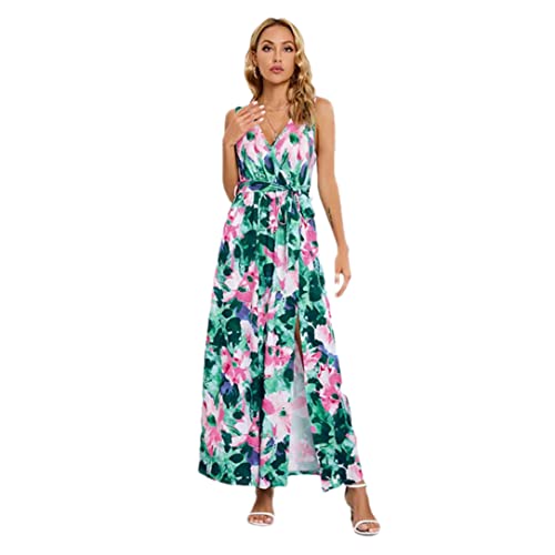 Robe d'été sans manches bleu col en V avec fente XL Adhdyuud