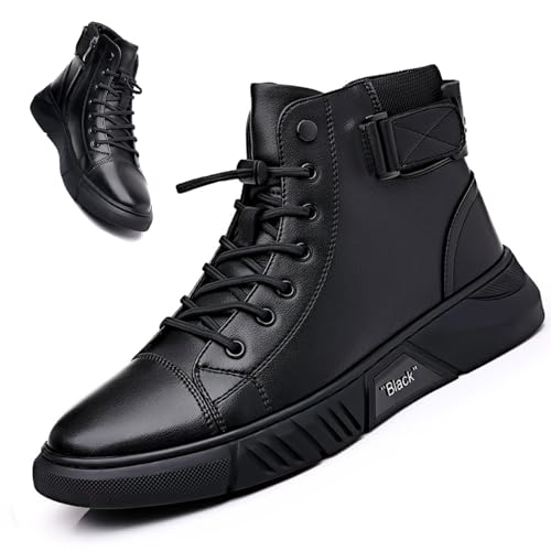 Men Casual Ltalian High-top Real Leather Boots Round Toe Side Zipper Fur Lined Warm Black Chukka Ankle Booties Shock-absorbing Softsole Business Shoe