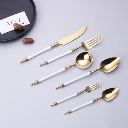Royal Shang Youpin Light Luxury Legendary Roman Pillar Handle Kitchen Stainless Steel Silverware Tableware Flatware Cutlery Set Steak Knife Fork Spoon Teaspoon (White Gold,6 pieces)