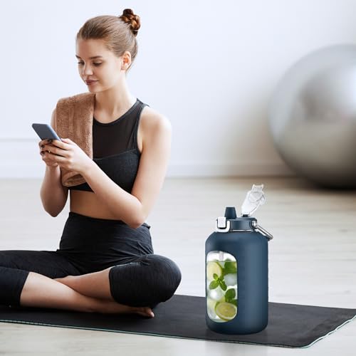 Image of WINSA 100 oz Glass Water Bottle with Straw, 3 Liter, Dark Blue | Gallon Drinking Bottle with Handle, Large Glass Water Jug, Silicone Sleeve, For Gym Sports, Wide Mouth