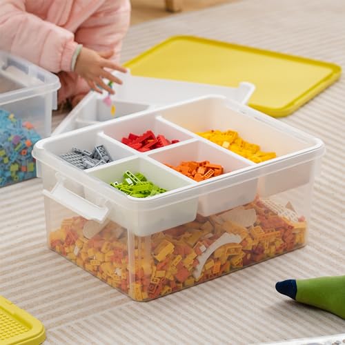 Image of Citylife 17 QT Plastic Storage Box with Building Baseplate Lid and Removable Tray Craft Organizers and Storage Clear Storage Container for Organizing Bead, Tool, Sewing, Yellow-2 Packs