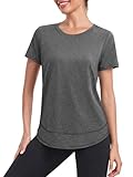 Fisoew Damen Sportshirt Fitness Rundhals T-Shirt Kurzarm Workout Tops Leicht Gym Oberteile Grau L