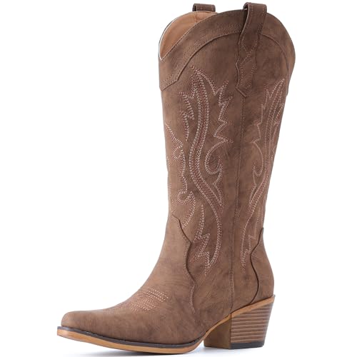 Image of IUV Cowboy Boots For Women Western Cowgirl Boots Mid Calf Snip Toe | Chunky Heel Ideal for low insteps