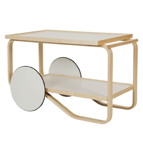 Artek 901 - Carrello portavivande in laminato bianco con ruote bianche, struttura in betulla naturale laccata