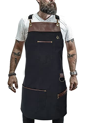 Avental Cozinha Restaurante Churrasqueiro Luxuoso Sarja e Couro Legítimo
