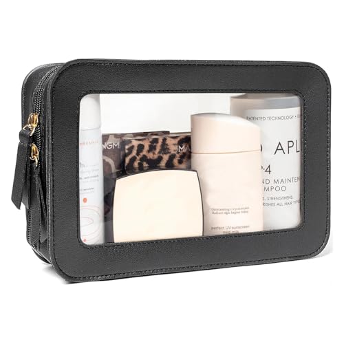 FFpaw Clear Makeup Bag Organizer TSA Approved Portable Travel Toiletry Bag Clear Cosmetic Bag Case Small Make Up Bag Mini Makeup Pouch for Purse Car Essentials for Women Men (Black)