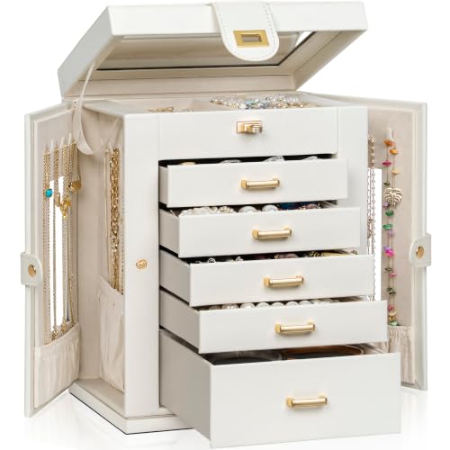 AKOZLIN Jewelry Box 6-Tier Organizer Functional 360° Rotating Jewelry Storage Case for Women Girls Ring Necklace Earring Bracelet Holder with Mirror