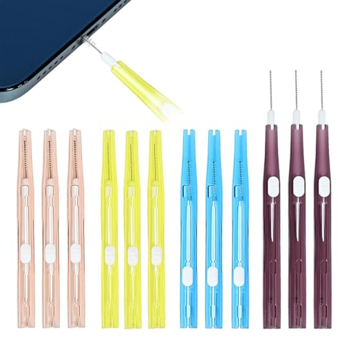 ROLKUFA 12 Pièces Nettoyage Téléphone Anti-Engorgement Brosses, double extrémité avec poils doux et crochet souple, pour port de charge, haut-parleur et clavier, bleu, jaune, marron, violet